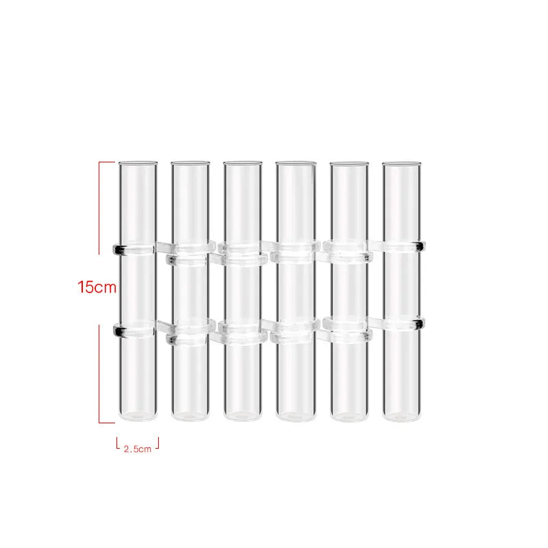 Six clear glass propagation tubes in a hinged clear holder; 15 cm tubes and 2.5 cm diameter shown.