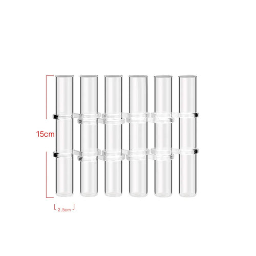 Six clear glass propagation tubes in a hinged clear holder; 15 cm tubes and 2.5 cm diameter shown.