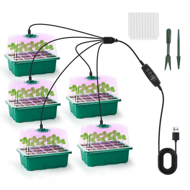 Five green 12-cell seed starter trays with clear domes, grow-light tops, labels, tools and a shared controller cable; seedlings shown are not included.