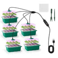 Five green 12-cell seed starter trays with clear domes, grow-light tops, labels, tools and a shared controller cable; seedlings shown are not included.