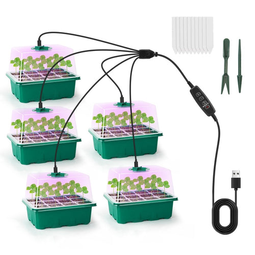 Five green 12-cell seed starter trays with clear domes, grow-light tops, labels, tools and a shared controller cable; seedlings shown are not included.