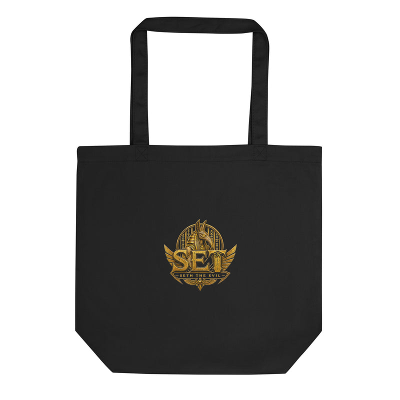 Black organic cotton tote with a centered gold SET crest on the front
