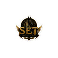 Gold-and-black SET Anubis crest kiss-cut vinyl sticker — 3 by 3 inch product mockup.