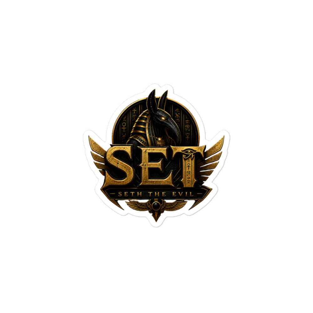Gold-and-black SET Anubis crest kiss-cut vinyl sticker — 3 by 3 inch product mockup.