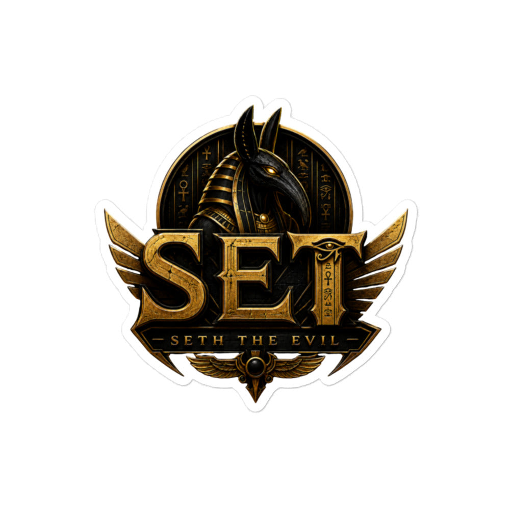 Gold-and-black SET Anubis crest kiss-cut vinyl sticker — 4 by 4 inch product mockup.