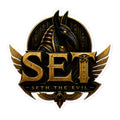 Gold-and-black SET Anubis crest kiss-cut vinyl sticker — 5.5 by 5.5 inch product mockup.
