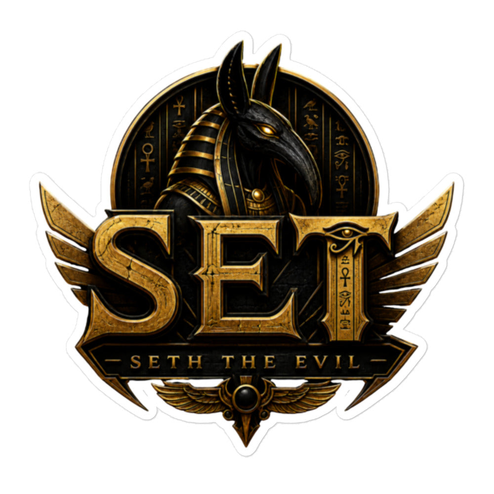 Gold-and-black SET Anubis crest kiss-cut vinyl sticker — 5.5 by 5.5 inch product mockup.