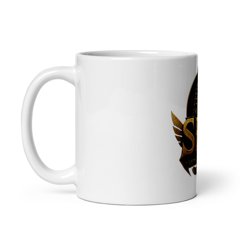 Black-and-gold SET Palace Crest on white 11 oz mug — handle left; supplier mockup