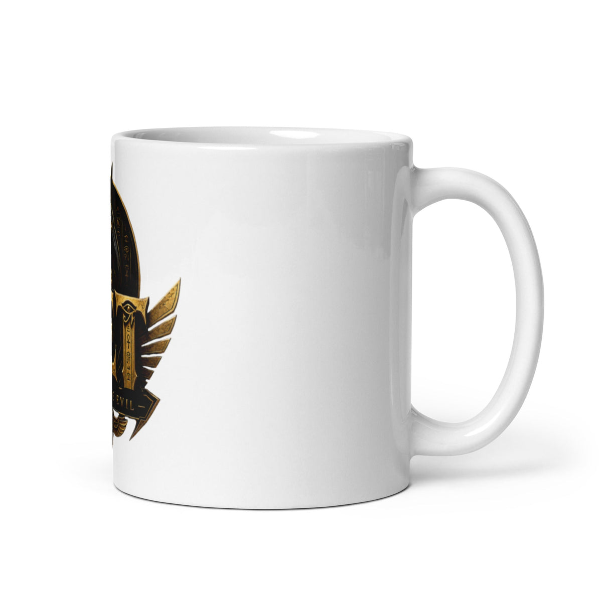 Black-and-gold SET Palace Crest on white 11 oz mug — handle right; supplier mockup