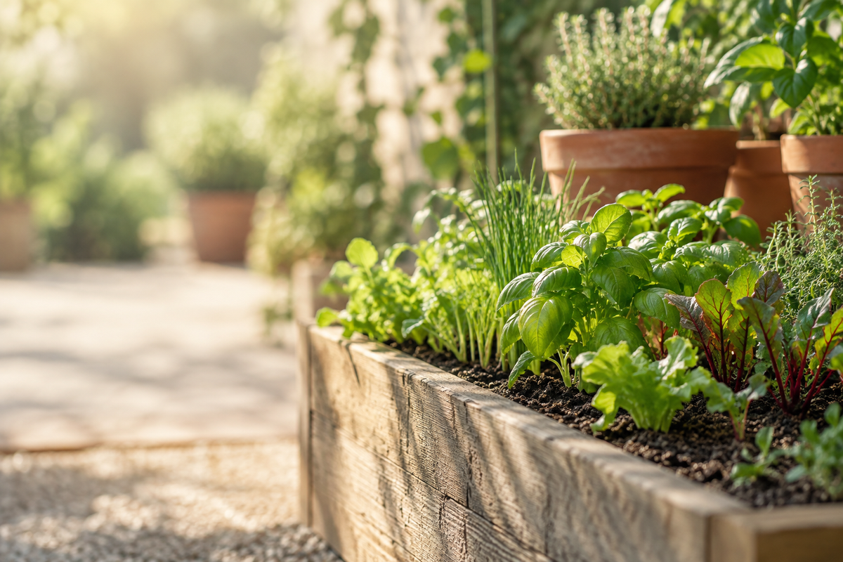 Herbs and young plants growing in a timber raised bed beside terracotta pots
