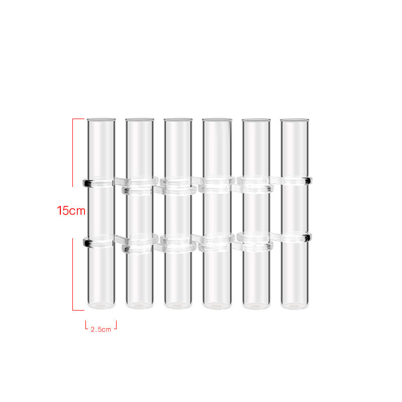 Six hinged glass tubes, each labeled 15 cm tall and 2.5 cm in diameter