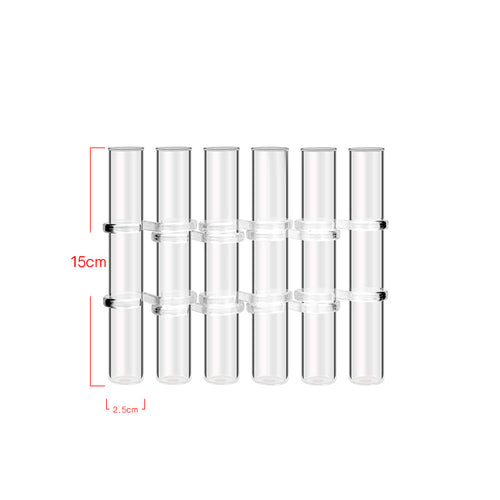 Six hinged glass tubes, each labeled 15 cm tall and 2.5 cm in diameter