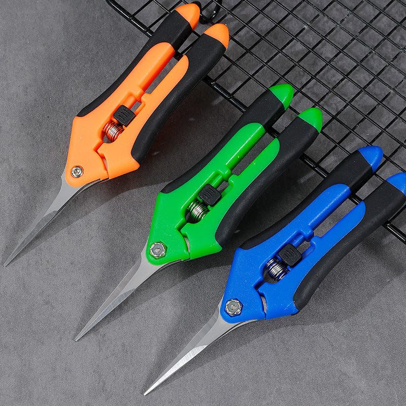 Three straight-blade garden scissors with orange, green, and blue handles