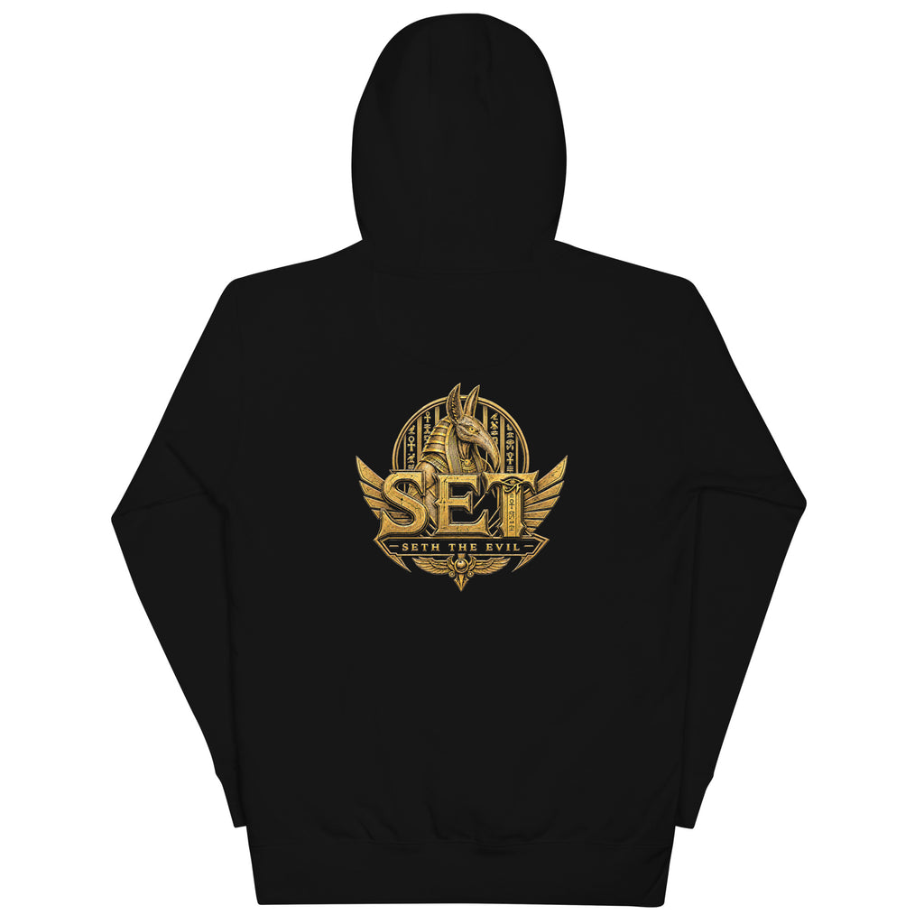 Black premium pullover hoodie with the matching gold-tone SET Anubis crest centered on the back — back view.