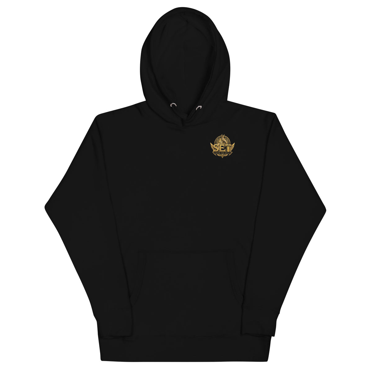 Black premium pullover hoodie with the gold-tone SET Anubis crest on the wearer’s left chest — front view.