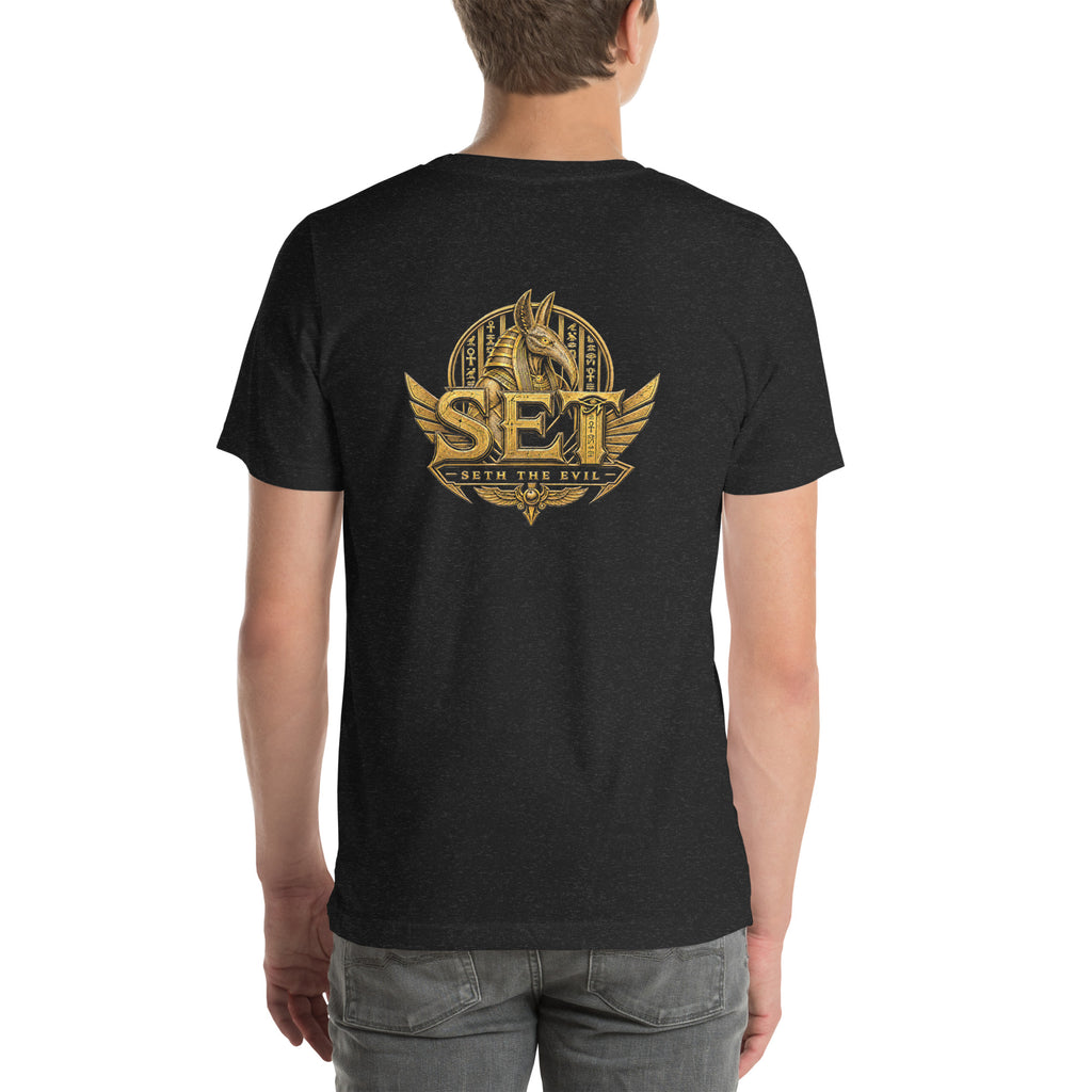 Black heather unisex staple T-shirt with the gold-tone SET Anubis crest centered on the back — back view.
