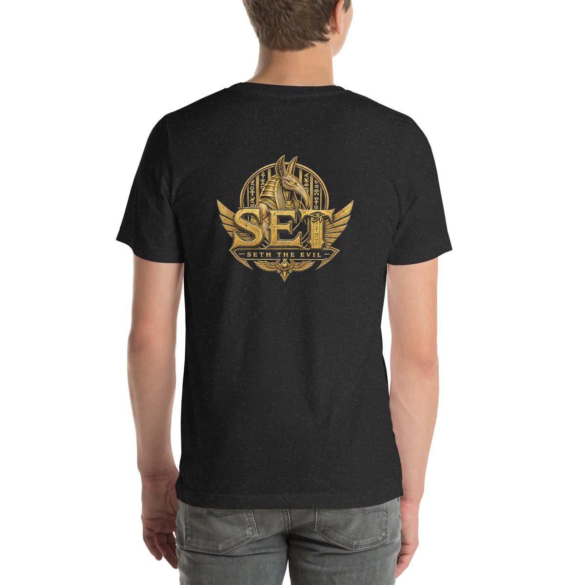 Black heather unisex staple T-shirt with the gold-tone SET Anubis crest centered on the back — back view.