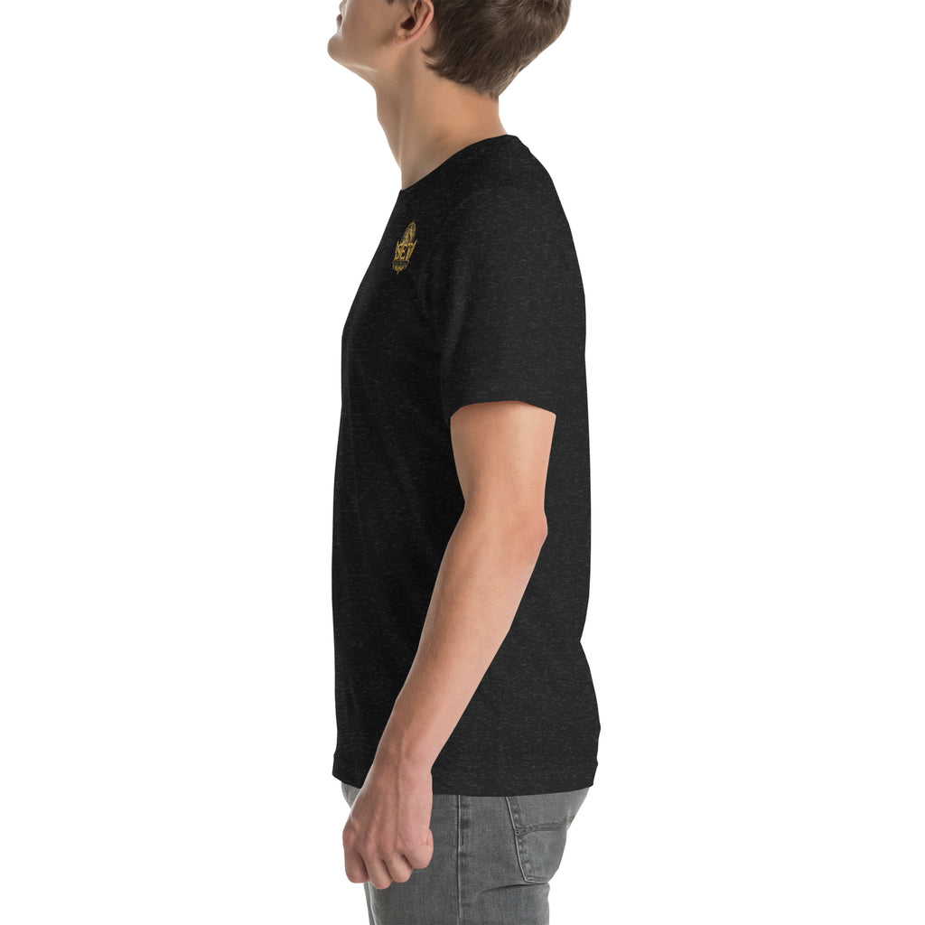 Black heather unisex staple T-shirt with gold-tone SET Anubis crest design — left-side view.