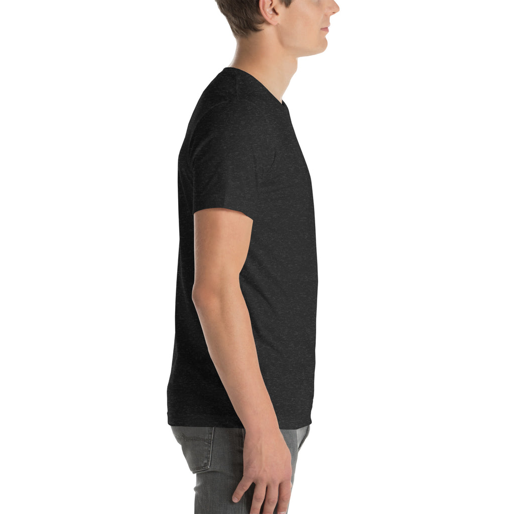 Black heather unisex staple T-shirt with gold-tone SET Anubis crest design — right-side view.